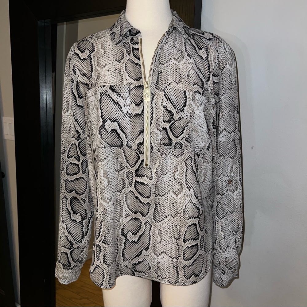 Michael Kors Snakeskin Print Zip-Front Long Sleeve Blouse – Size Medium